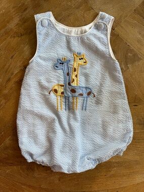 Lil Cactus Blue Seersucker Giraffe Romper 6-12M